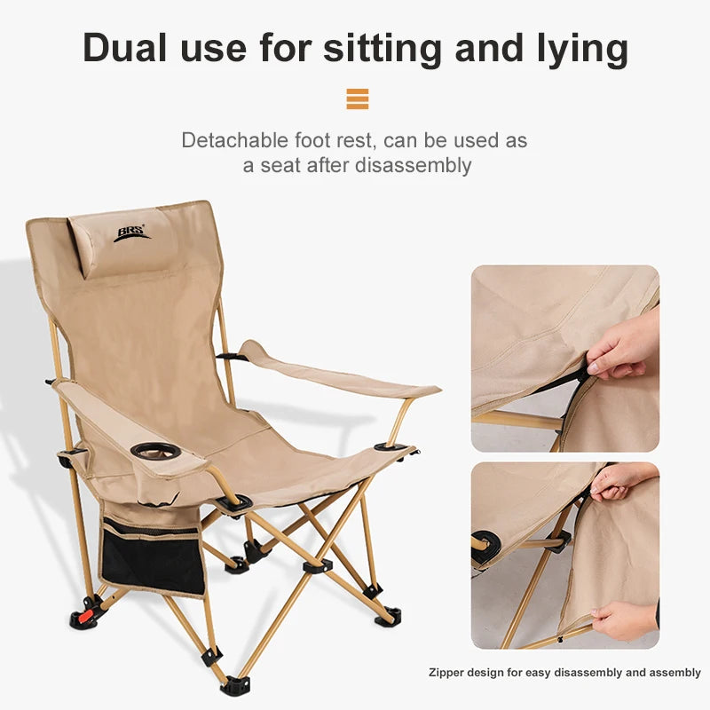 BRS 2-in-1 Reclining Camping Chair Lightweight Folding Camping Lounge Chair with Adjustable Backrest & Footrest for Beach Trekker Essentials