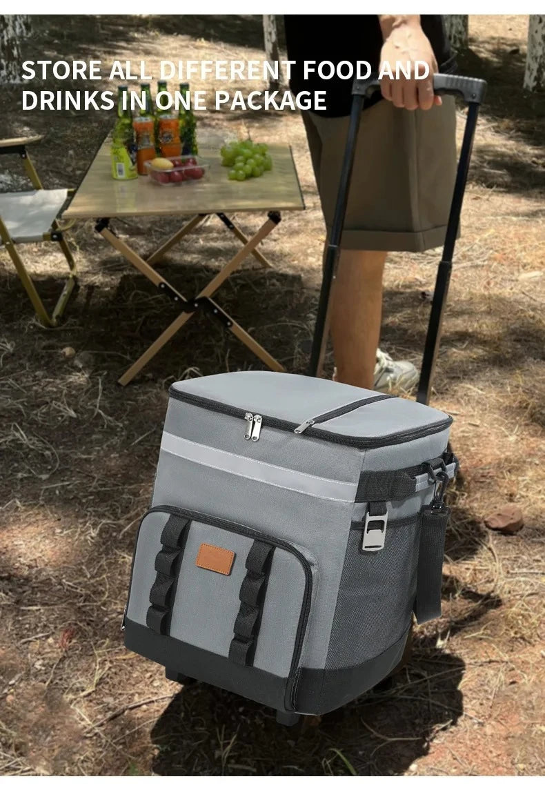 35L Leakproof Soft Cooler Bag with Wheels Large Capacity Insulated Thermal Tote for Picnic Camping Beach Delivery Multi-purpose Trekker Essentials
