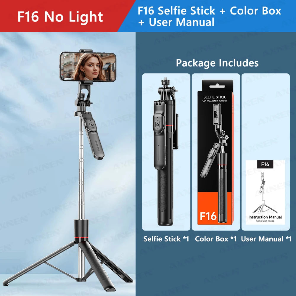 F16 Selfie Stick Tripod with 1708mm Long 8-Section Pole, Bluetooth Remote, 360° Rotation, 1/4 Interface, for Phone Camera Vlog Trekker Essentials
