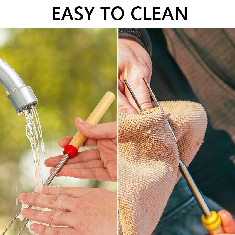 Telescopic Marshmallow Roasting Sticks, Extendable Stainless Steel BBQ Forks with Wooden Handles for Outdoor Camp Campfire Trekker Essentials