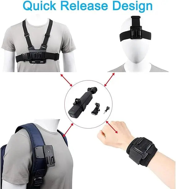 Accessories Kit for DJI Osmo Pocket 3 – Quick Release Head Strap, Chest Harness, Backpack Clip & Wrist Mount Set