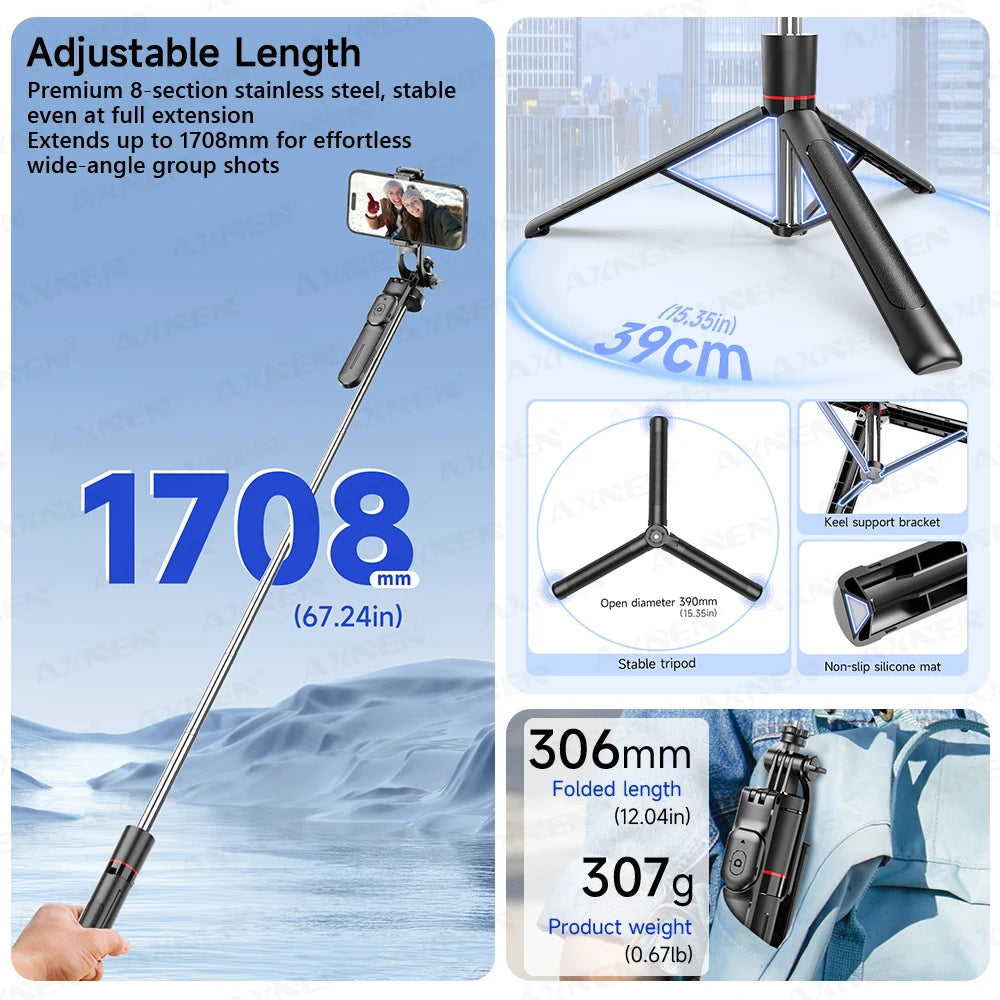 F16 Selfie Stick Tripod with 1708mm Long 8-Section Pole, Bluetooth Remote, 360° Rotation, 1/4 Interface, for Phone Camera Vlog Trekker Essentials