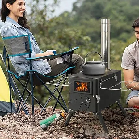 Portable Cast Iron Tent Stove with Jack & Chimney - Wood Burning Heater for Camping & Ice Fishing