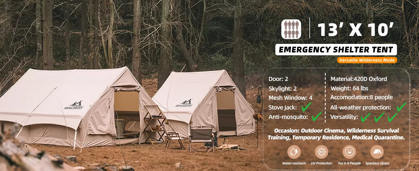 Portable Inflatable Camping Tent 2/4/6/8 Person for Family 420D Oxford Inflatable Tent House with Skylight 4 Seson Blow up Tent with Stove Jack AC Vent Mesh Window Trekker Essentials