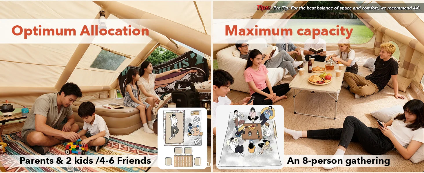 Portable Inflatable Camping Tent 2/4/6/8 Person for Family 420D Oxford Inflatable Tent House with Skylight 4 Seson Blow up Tent with Stove Jack AC Vent Mesh Window Trekker Essentials