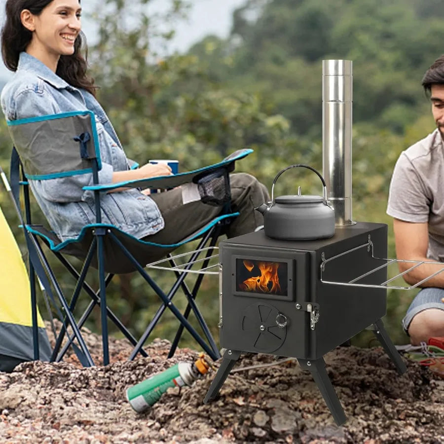 Portable Wood Burning Stove for Camping with Chimney Pipe - Outdoor Heating & Cooking Solution