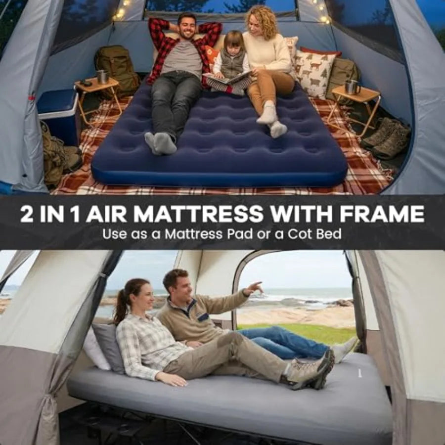 Queen Camping Cot with Electric Pump 2 Person Inflatable Air Mattress with Folding Frame Portable Camping Bed with Cup Holders