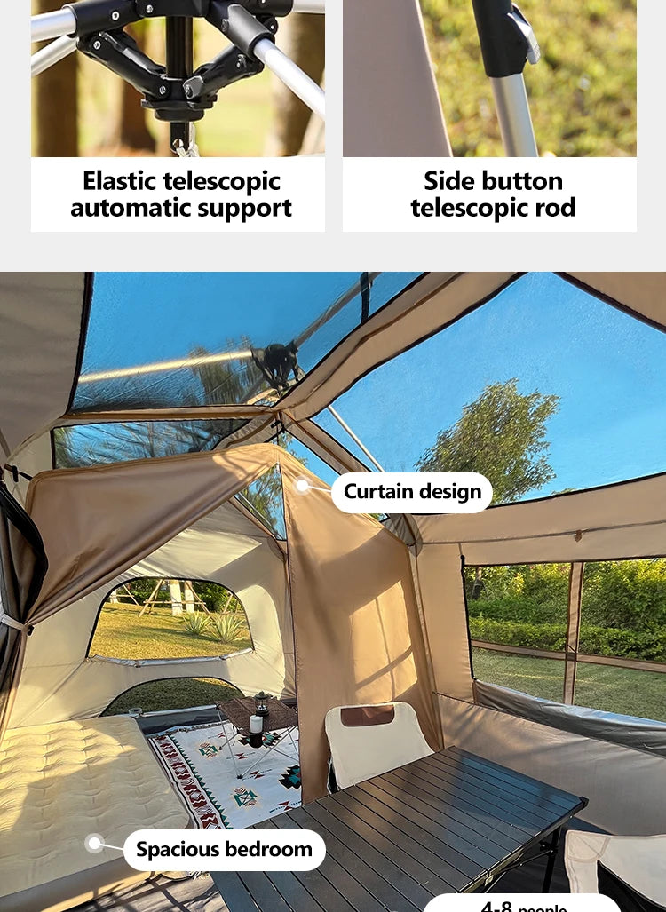 Fully Automatic Quick Open Two-Room Camping Tent – Waterproof 4-8 Person Cabin Tent for Outdoor Overnight Stays