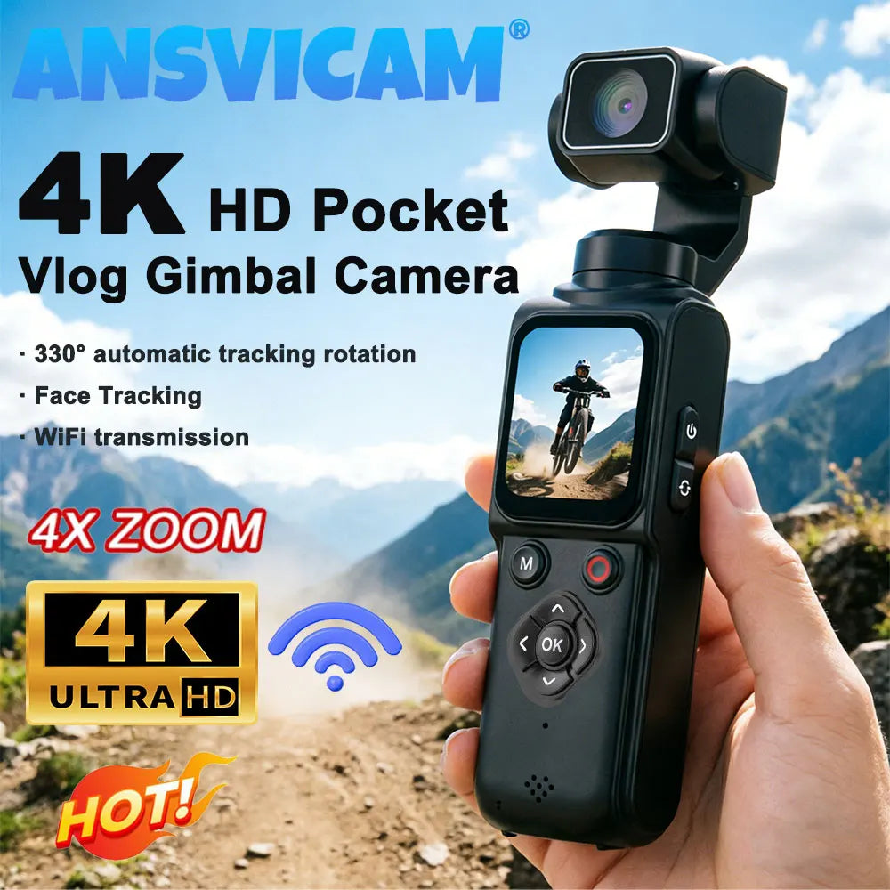 ANSVICAM 4K Wifi Pocket Vlogging Camera 330° Auto Rotatable Touch Screen Sports DV Bodycam Face Tracking Portable Action Cameras Trekker Essentials
