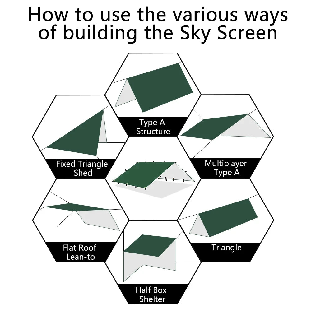 19 Hang Point Tarp Waterpoof Survival Bushcraft Sun Shelter Beach Shade Tent Outdoor Canopy Backpacking Tourist Awning 4x4 3x3m Trekker Essentials