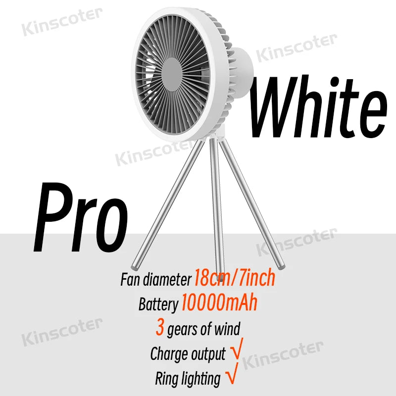 10000mAh Camping Fan Rechargeable Desktop Portable Air Circulator Wireless Ceiling Electric Fan with Power Bank LED Light Tripod Trekker Essentials