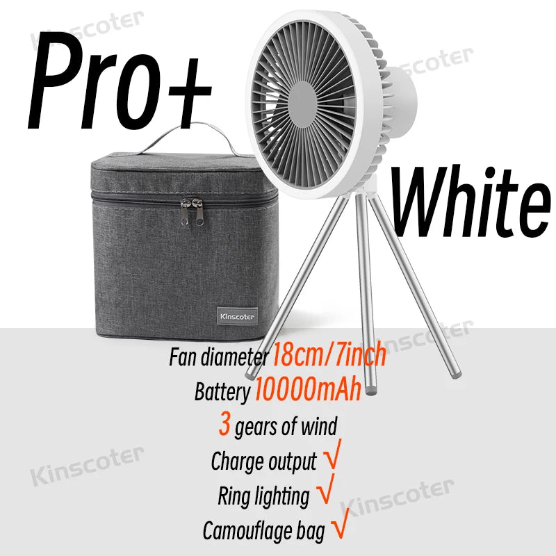 10000mAh Camping Fan Rechargeable Desktop Portable Air Circulator Wireless Ceiling Electric Fan with Power Bank LED Light Tripod Trekker Essentials