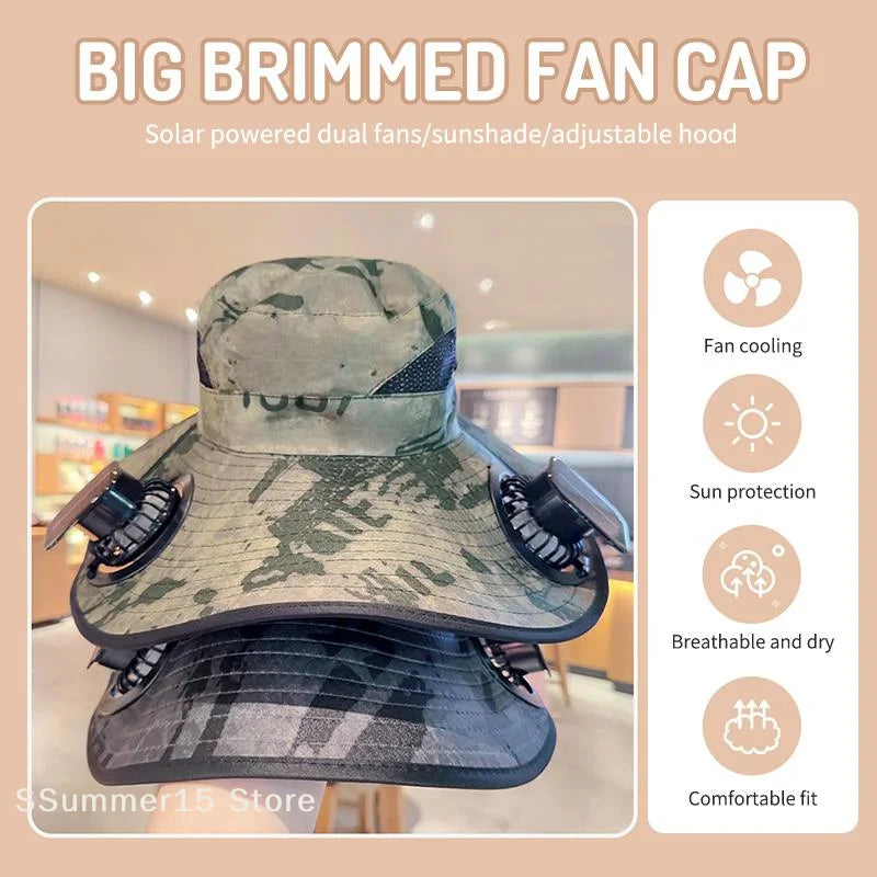 Large Size Quick Dry Bucket Hat With Solar Powered Fan USB Charging Sun Hat For Men Outdoor Hiking Camping Fishing Cooling Wear Trekker Essentials