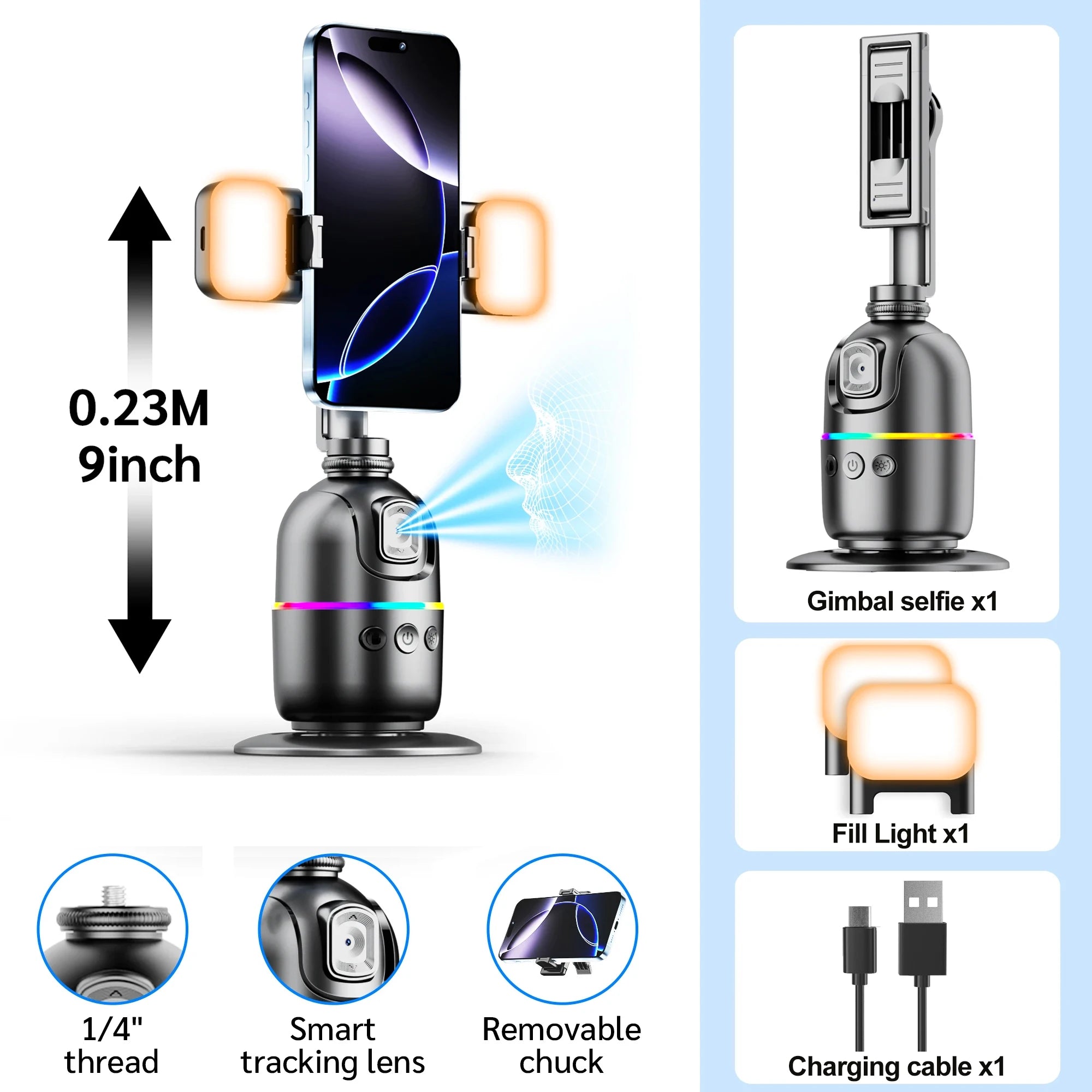 Smart 360° Auto Face Tracking Tripod with Gesture Control & Fill Lights
