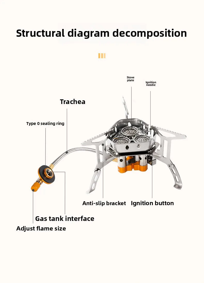 Estufa de camping portátil de 3 quemadores: estufa de gas butano resistente al viento con encendido para cocinar al aire libre.