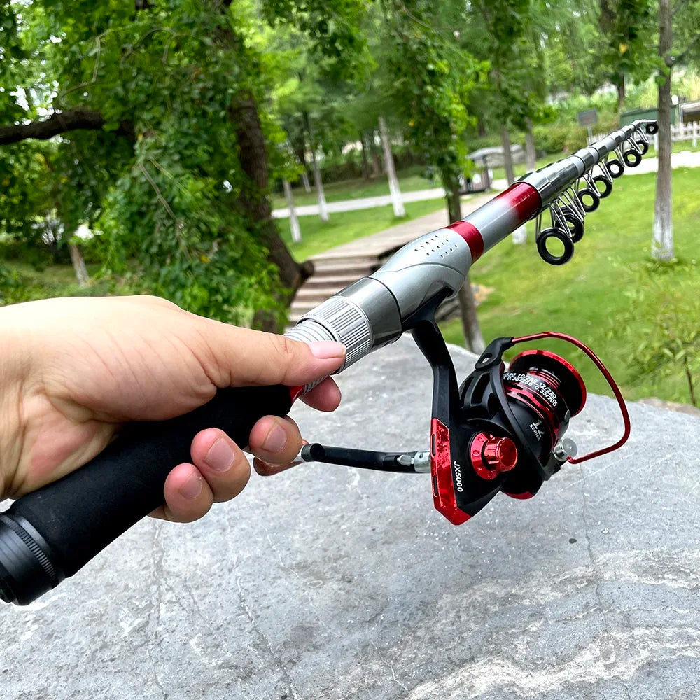 Rod+Reel Combo Spinning Reels Kit Telescopic Fishing Rods Set Carbon Fiber Pole for Lake Sea and 5.5:1 Gear Ratio Wheel for Bass Trekker Essentials