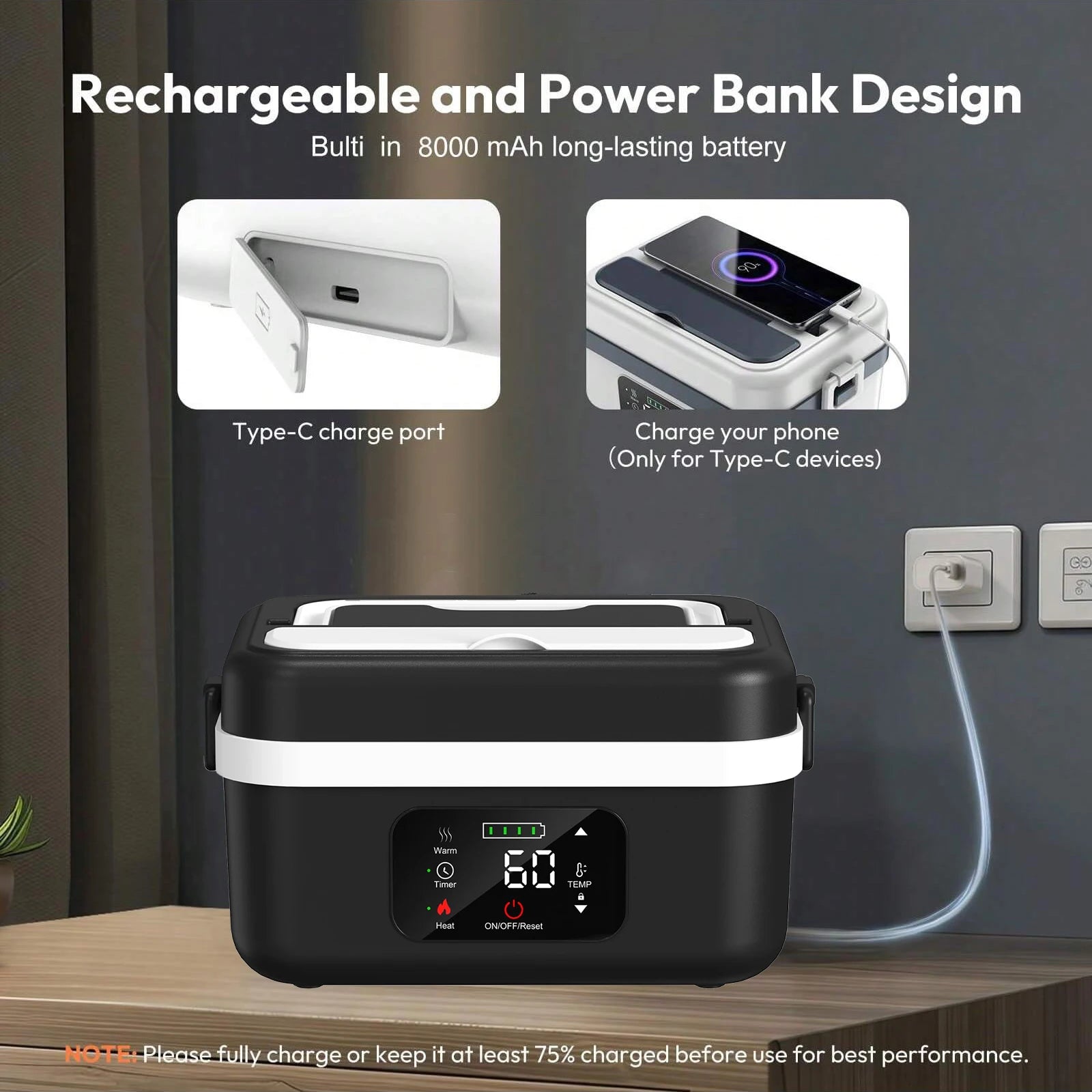 Wireless Electric Insulated Lunch Box - Built-in 8000mAh Battery, 60W Heating Lunch Box 1L Stainless Steel Lunch Box Food Warmer