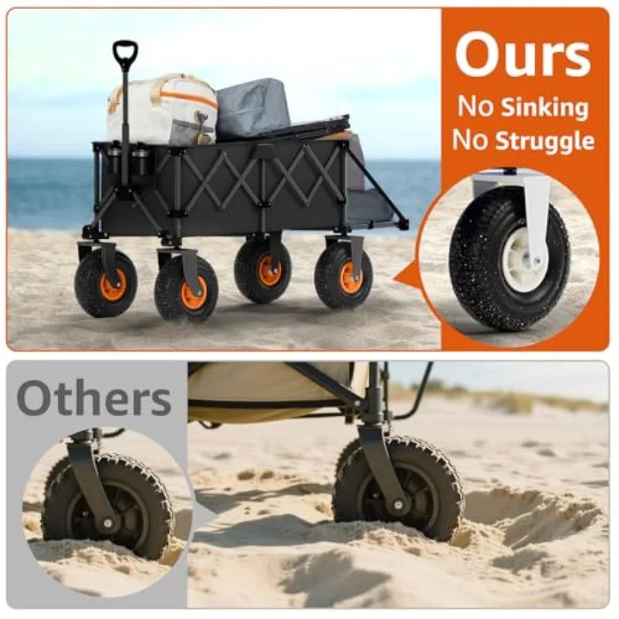 Beach Wagon with Big Wheels for Sand - Heavy Duty 10 Wheel Collapsible Wagons Foldable Large Wagon Cart Folding All Terrain for