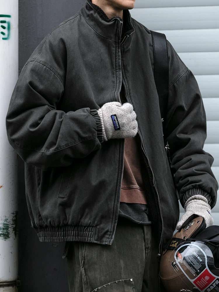 Vintage Polar Fleece Jacket Men's Winter Thick Loose Fit Streetwear Warm Coat