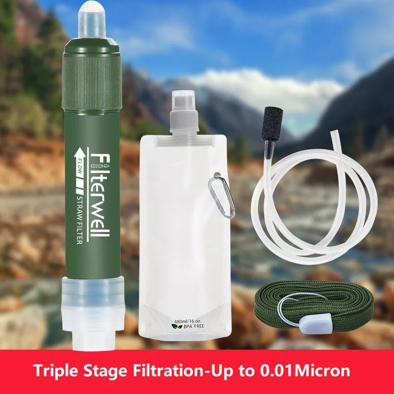 Portable Water Filter for Camping & Hiking – 0.01 Micron Backpacking Water Purifier with Squeeze Bag Trekker Essentials