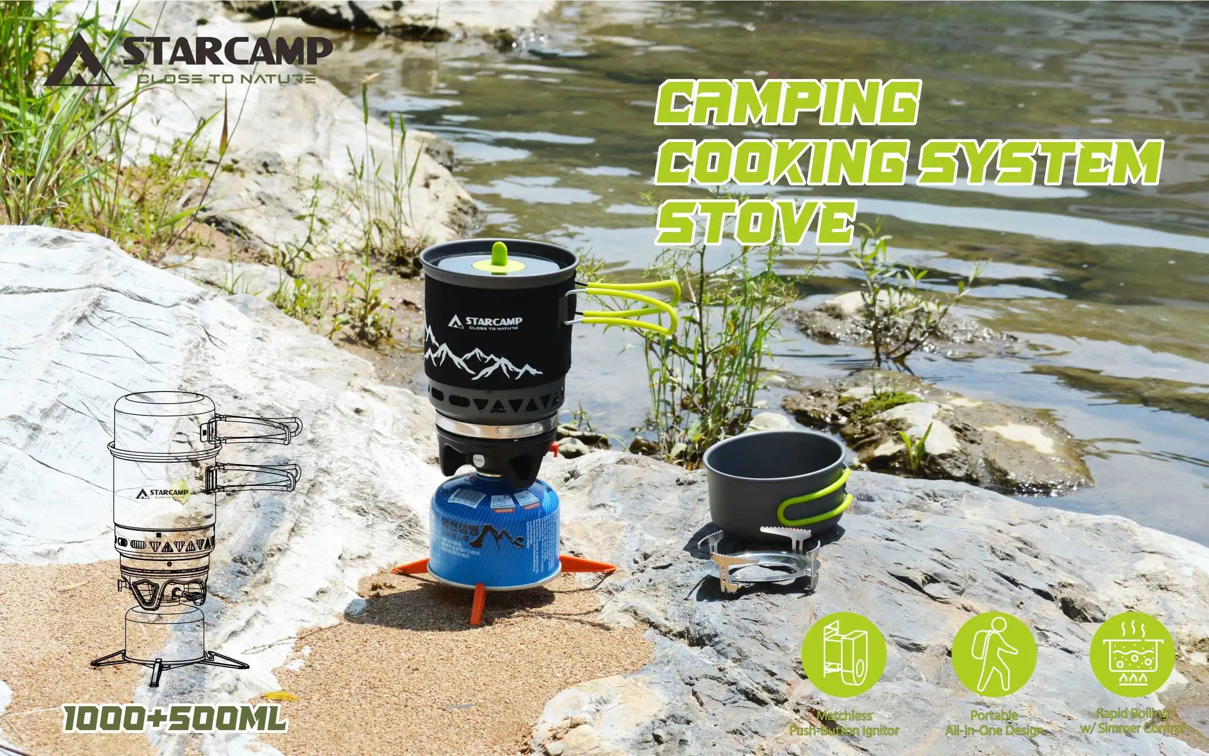 1000+500ml Dual-Pot Fast-Boil Camping Stove System with Ignition