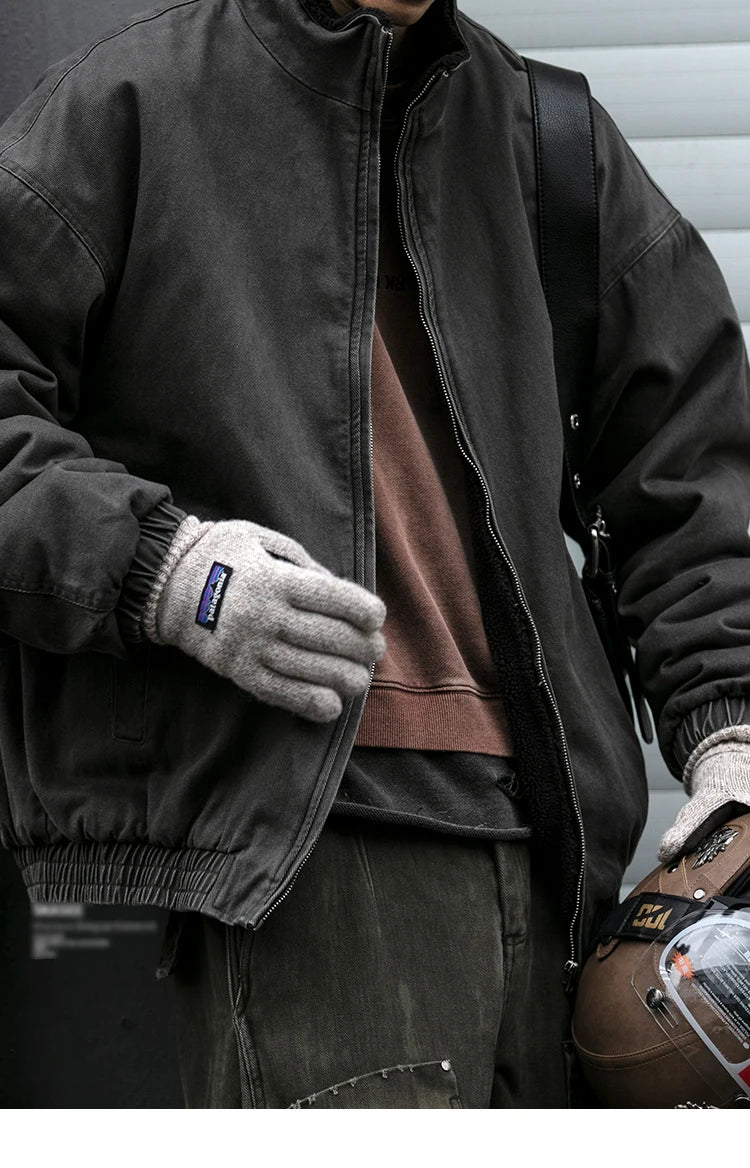 Vintage Polar Fleece Jacket Men's Winter Thick Loose Fit Streetwear Warm Coat