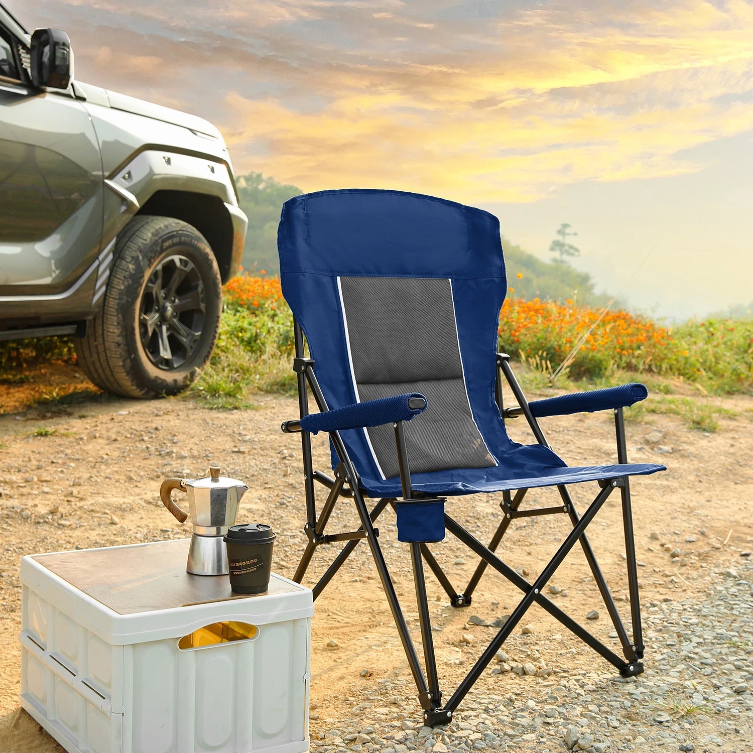 Outdoor Camping Chair, Portable Folding Lounge Moon Chair With Armrests, Drink Holder & Backrest For Outdoor Fishing Camping Trekker Essentials