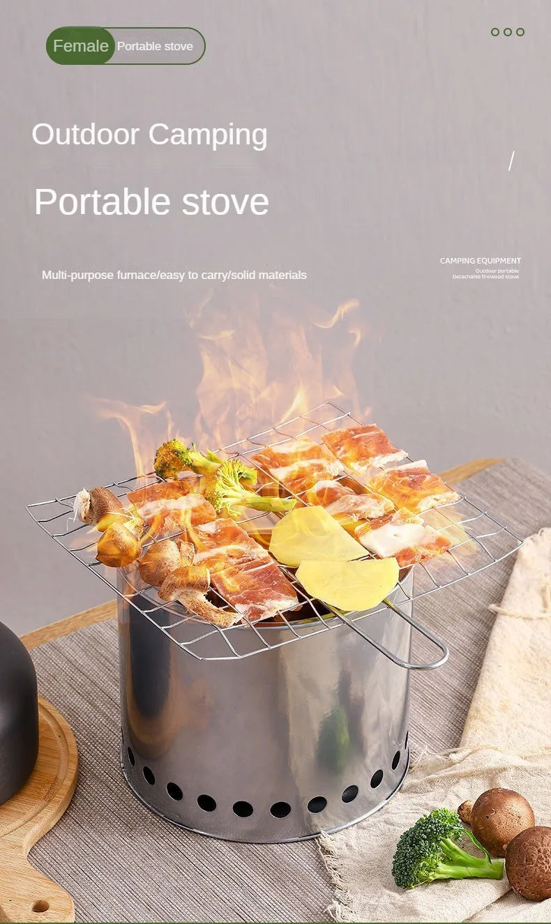 Multifunctional Stainless Steel Wood Stove | Portable Outdoor Heater & Barbecue Grill for Camping