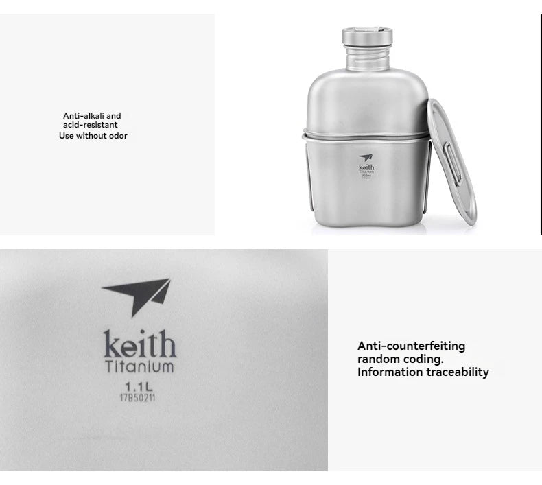 Keith Ti3060 Pure Titanium Canteen Mess Kit – Ultralight Camping Water Bottle & Cup Set with Carrying Pouch