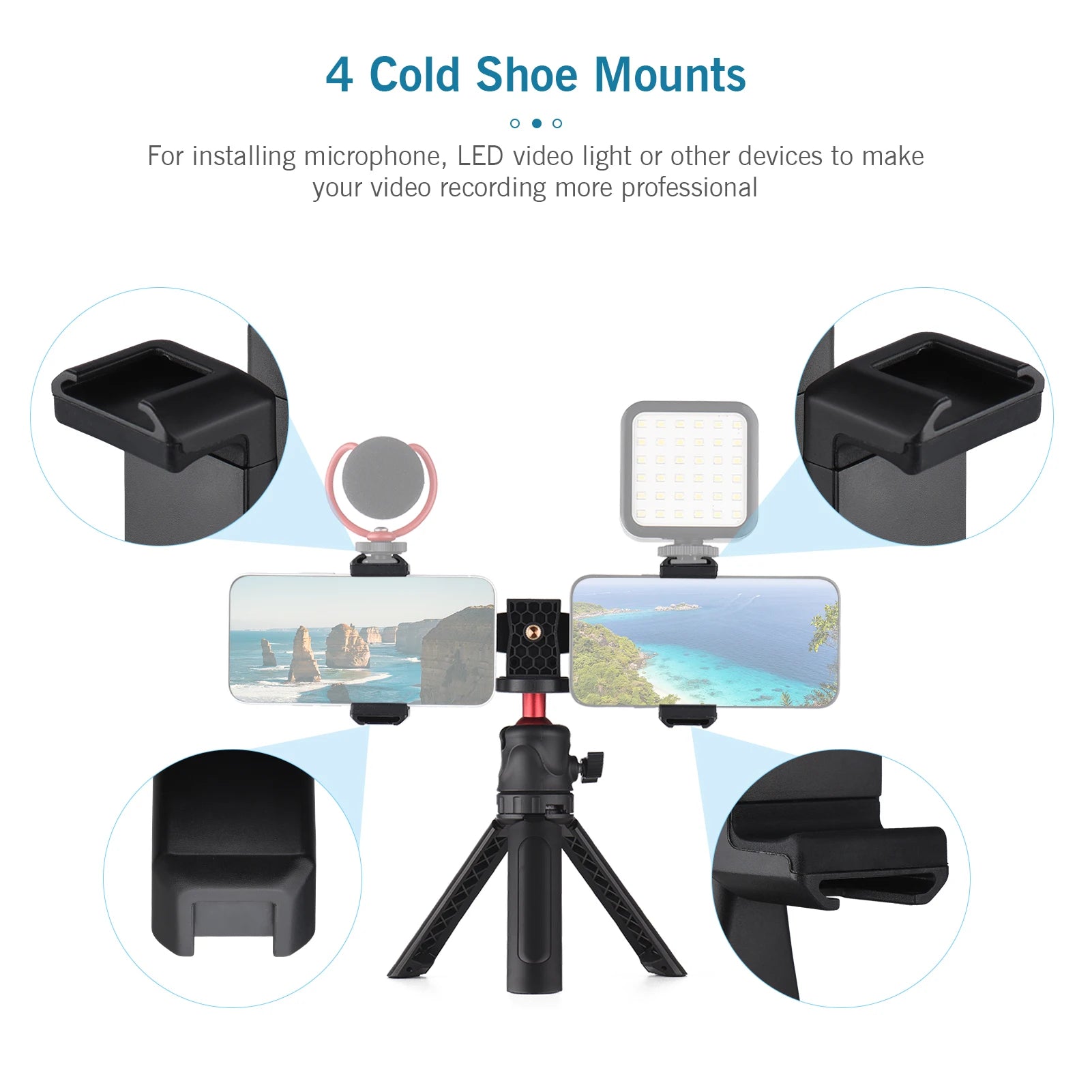 Professional Smartphone Video Kit - Dual Phone Mount with 4 Cold Shoes, 360° Tripod & Adjustable Holders for Vlogging/Live Streaming.