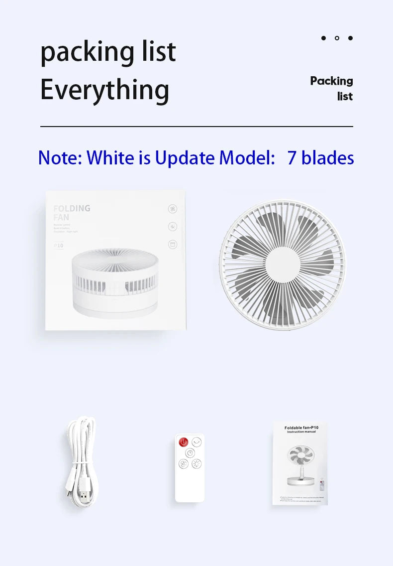 Ventilador de suelo plegable portátil de 10800 mAh | Recargable por USB, control remoto, enfriador de aire silencioso para acampar