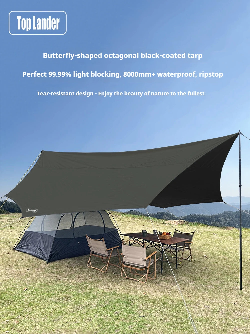 Large Waterproof Camping Tarp 5.1×5.1m – Black Coated Sun Shelter Canopy for Outdoor Camping & Shade Trekker Essentials