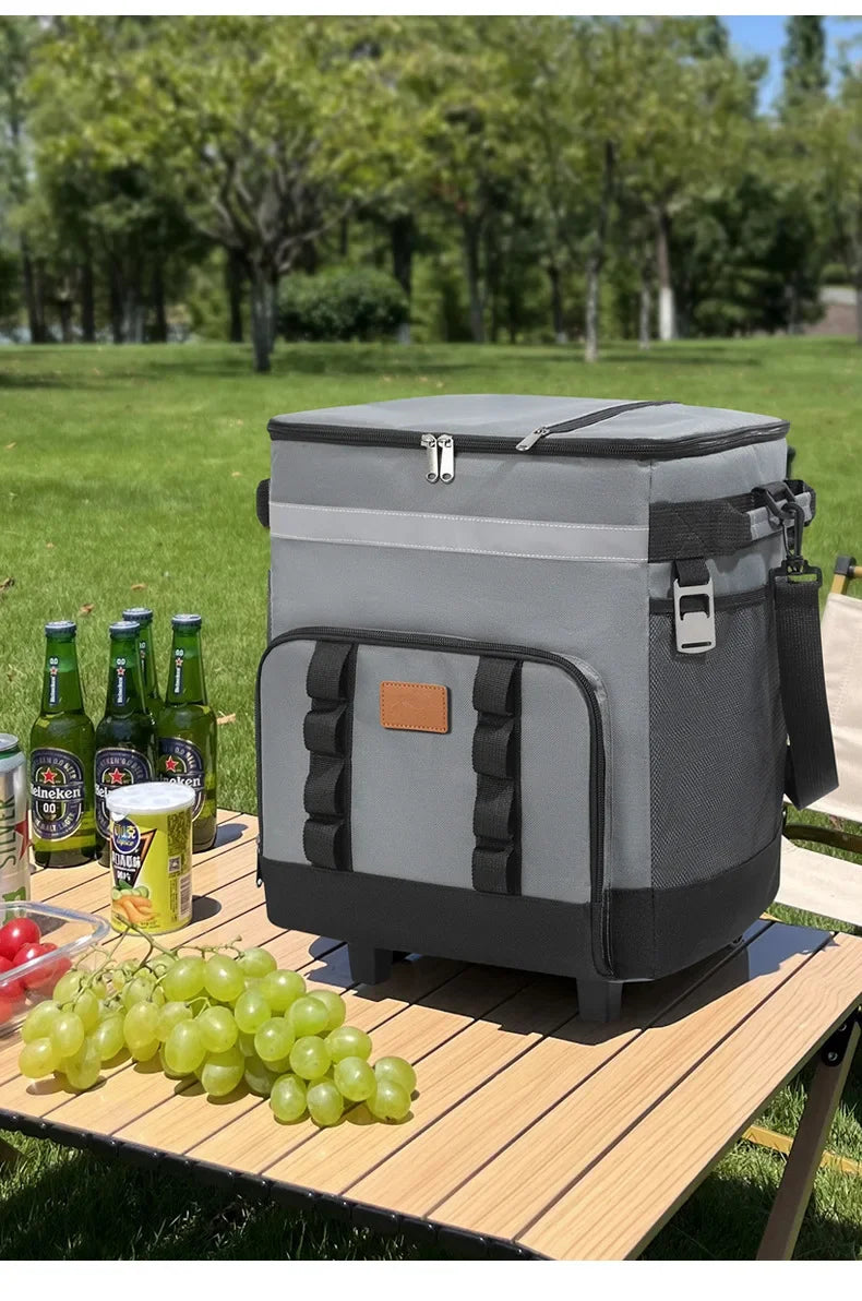 35L Leakproof Soft Cooler Bag with Wheels Large Capacity Insulated Thermal Tote for Picnic Camping Beach Delivery Multi-purpose Trekker Essentials