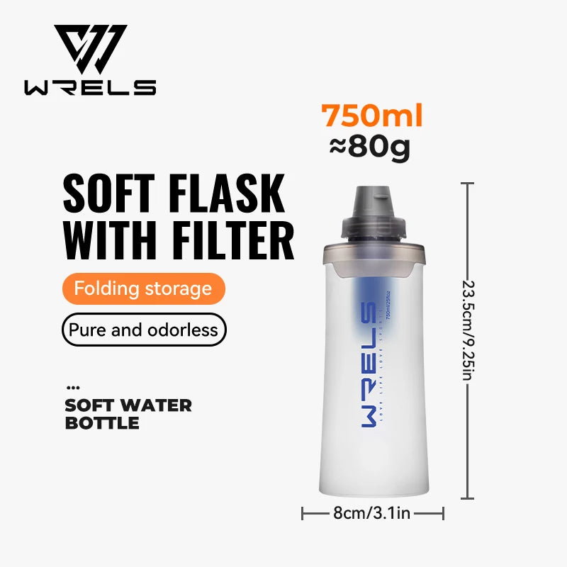 WRELS Soft Water Bottle with Filter Ultralight Collapsible Water Filter Bottle Hydrapak Soft Flask for Hiking Camping Backpack Trekker Essentials