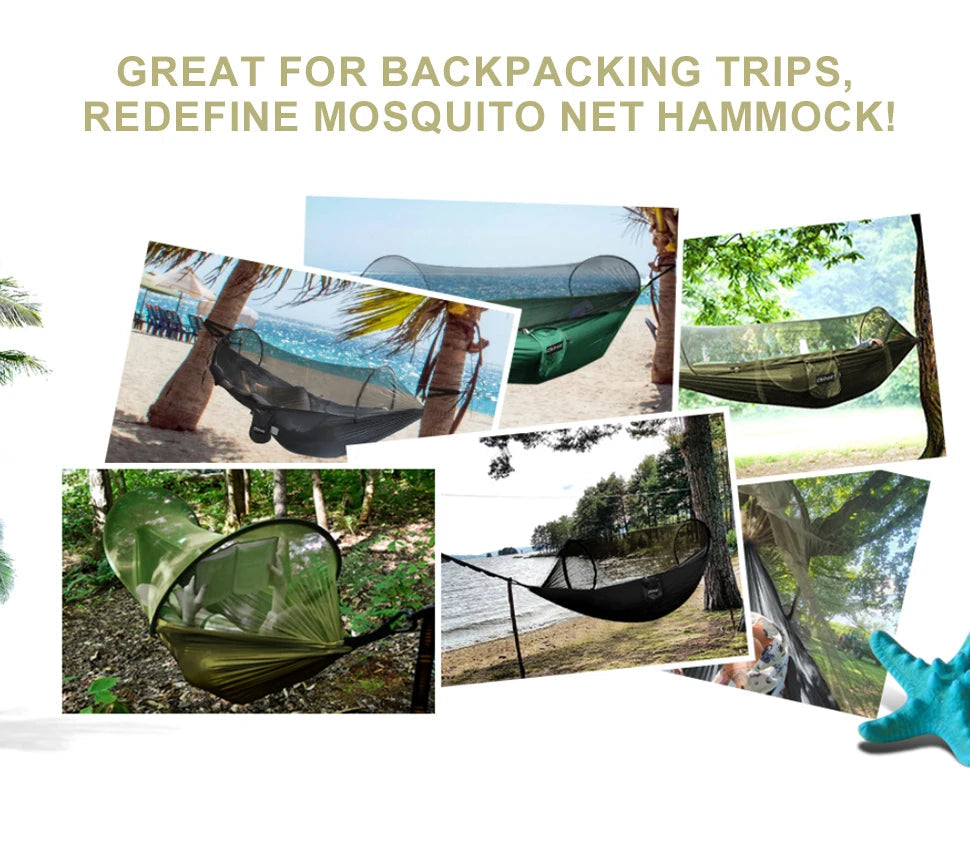 WESTTUNE 3 in 1 Camping Hammock with Mosquito Mesh Automatic Quick Opening Nylon Hammock Anti-Mosquito Hammock for Outdoor Trekker Essentials