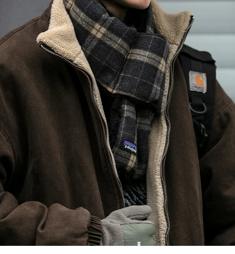 Vintage Polar Fleece Jacket Men's Winter Thick Loose Fit Streetwear Warm Coat