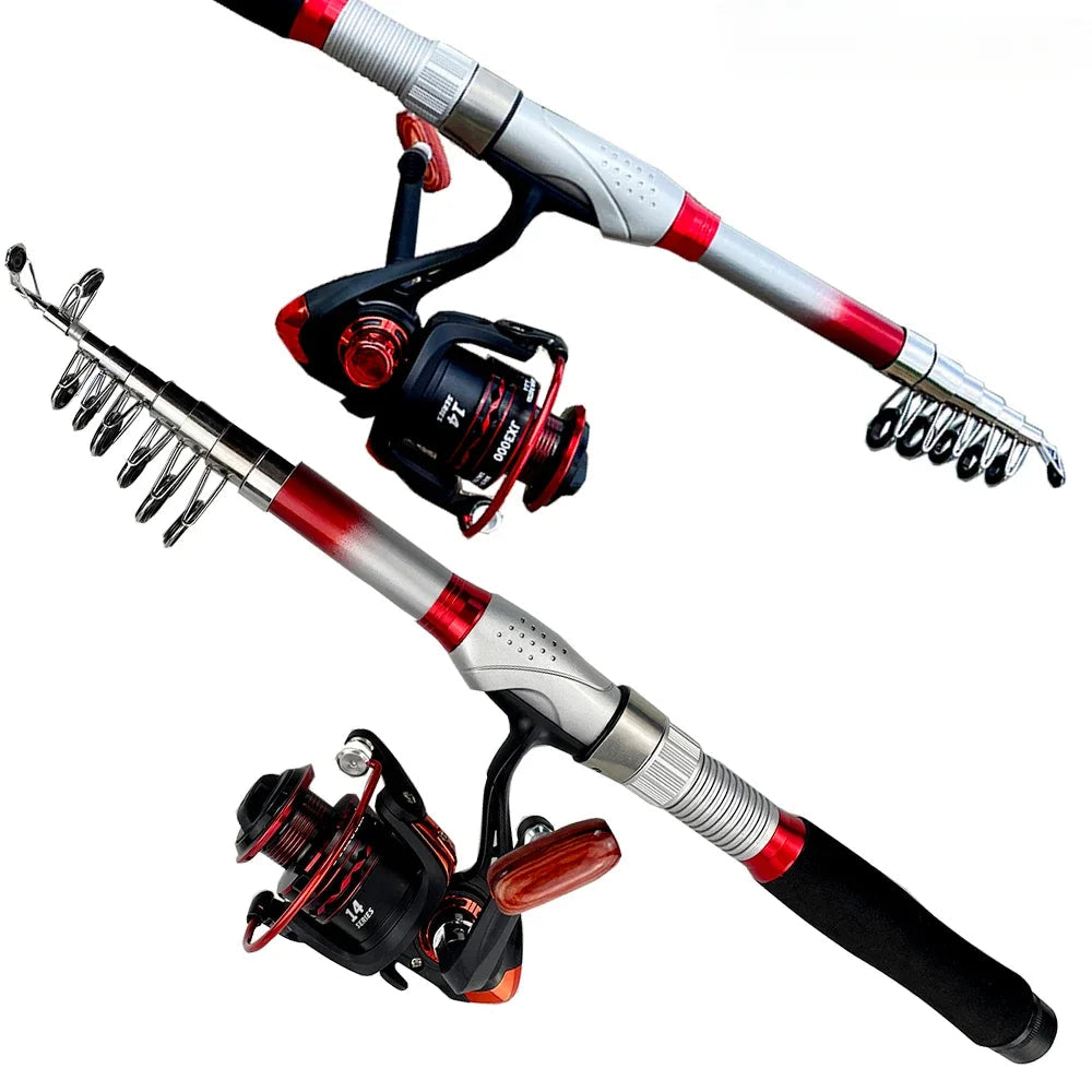 Rod+Reel Combo Spinning Reels Kit Telescopic Fishing Rods Set Carbon Fiber Pole for Lake Sea and 5.5:1 Gear Ratio Wheel for Bass Trekker Essentials