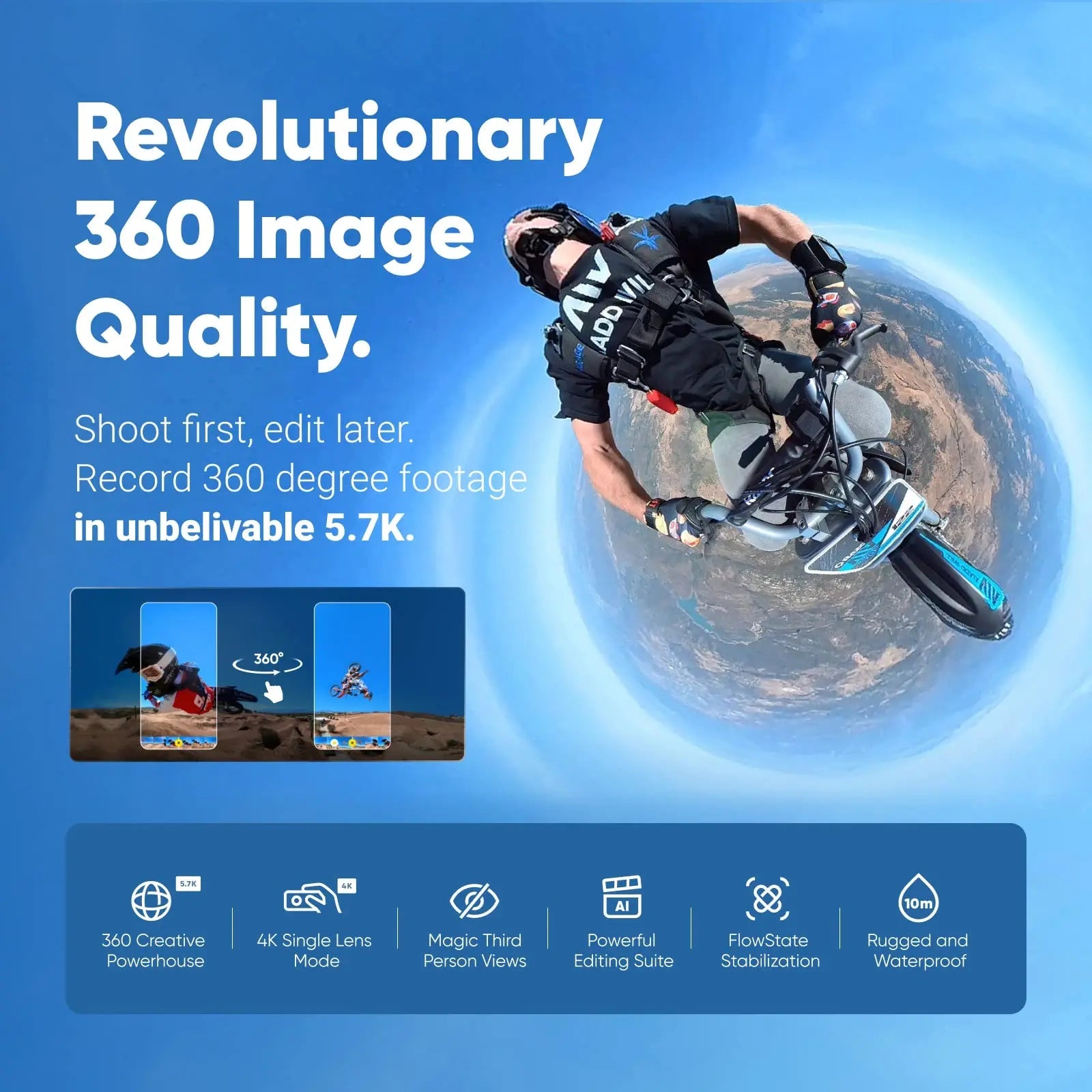 Insta360 X3 - Waterproof 360 Action Camera with 1/2" 48MP Sensors, 5.7K 360 Active HDR Video, 72MP 360 Photo, 4K Lens Trekker Essentials