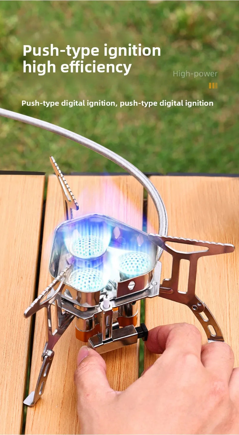 Estufa de camping portátil de 3 quemadores: estufa de gas butano resistente al viento con encendido para cocinar al aire libre.