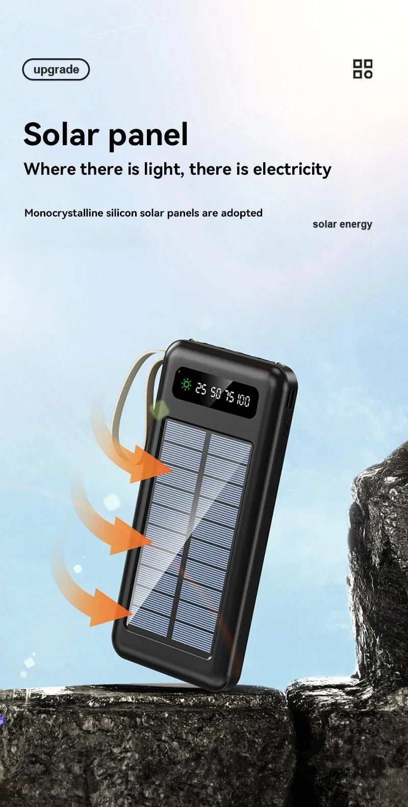 200000mAh Solar Power Bank – Ultra High Capacity Fast Charging Portable Charger with Built-in Cables & LED Light Trekker Essentials