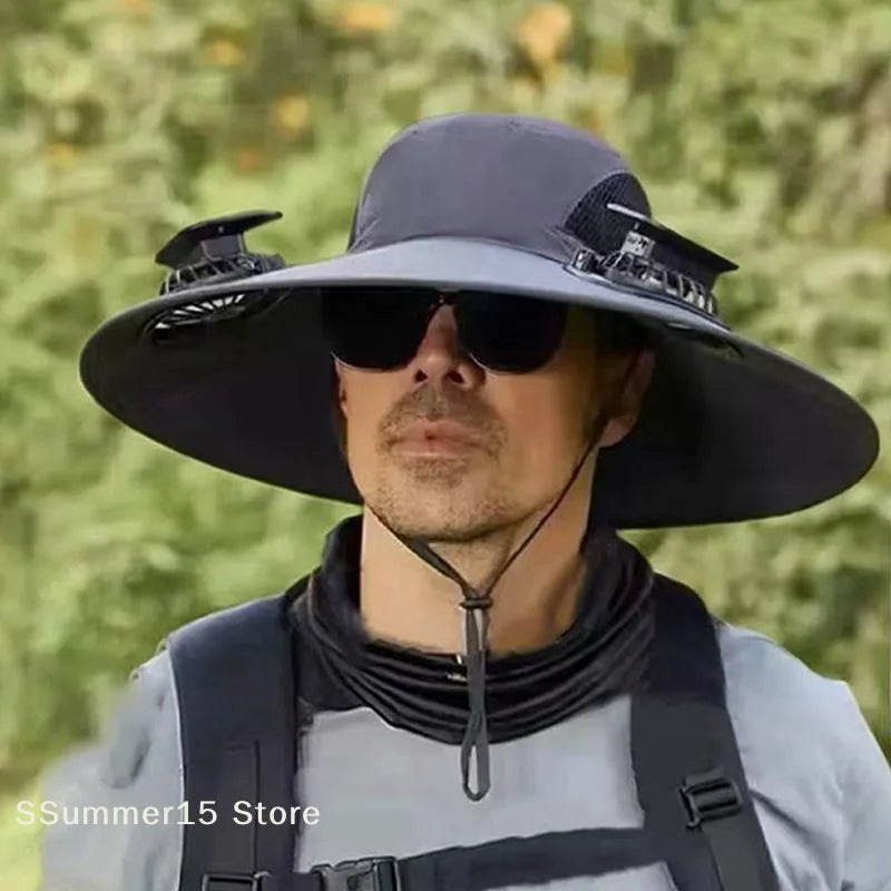 Large Size Quick Dry Bucket Hat With Solar Powered Fan USB Charging Sun Hat For Men Outdoor Hiking Camping Fishing Cooling Wear Trekker Essentials