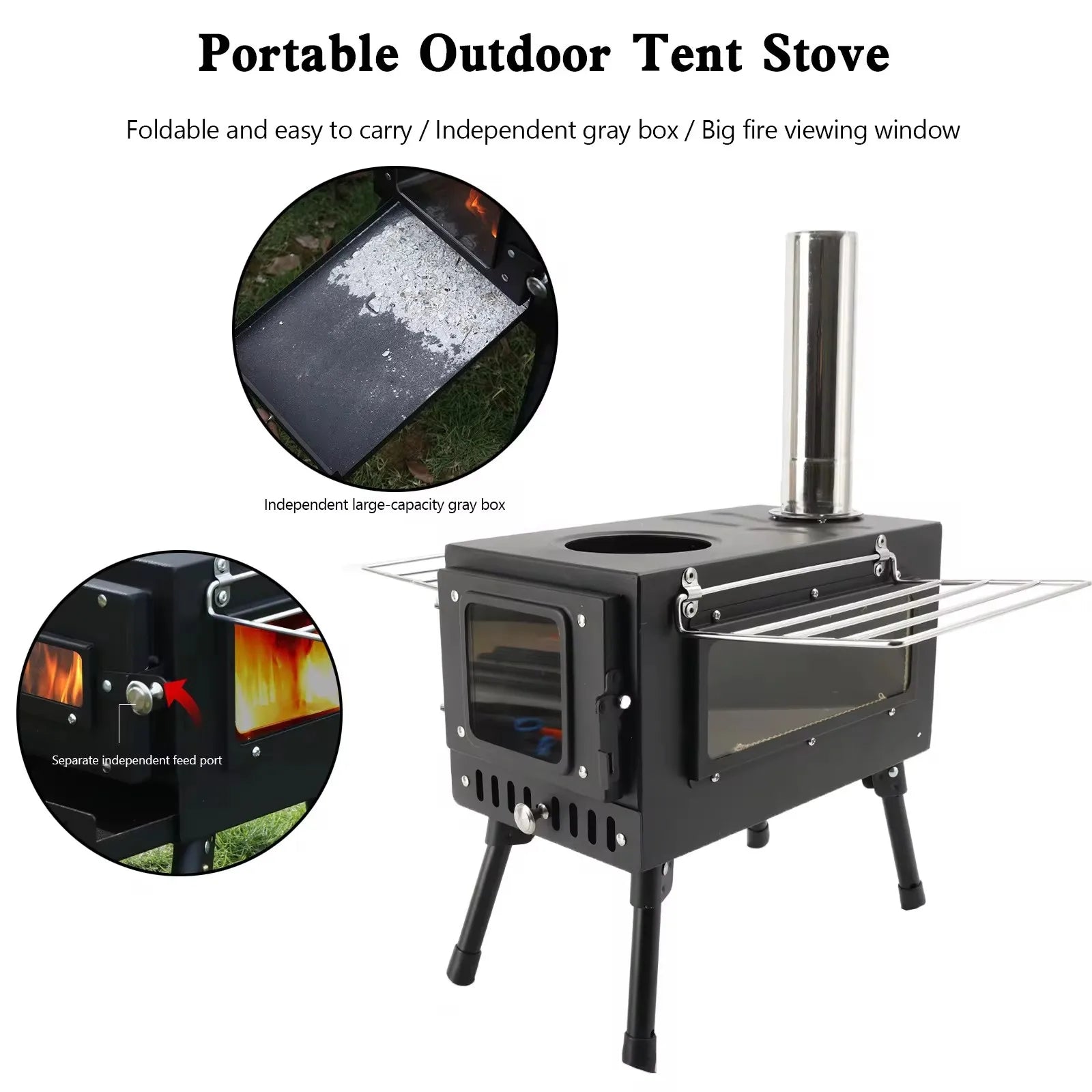Portable Stainless Steel Tent Stove: Wood Burning Stove with Chimney Pipe for Camp Heating & Cooking