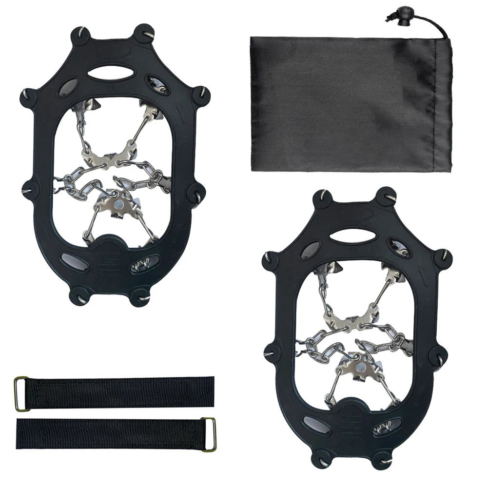Crampones de hielo de 24 dientes: agarres ligeros de acero inoxidable para nieve con bolsa de transporte para senderismo y running en invierno.
