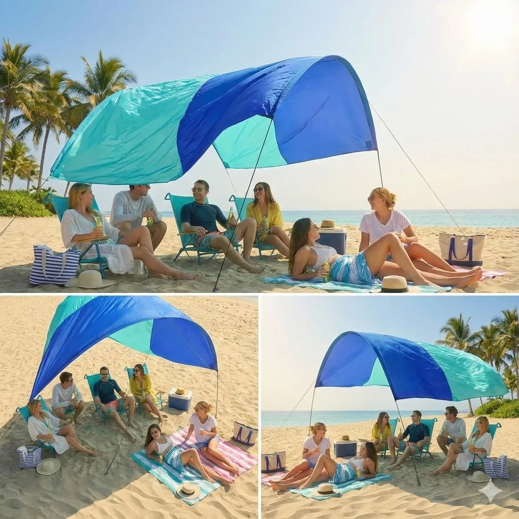 Wind-Resistant Beach Shade Tent 150 sq ft oversized canopy with sand anchors 4 lb ultralightweight UPF 50+ sun protection tent Trekker Essentials