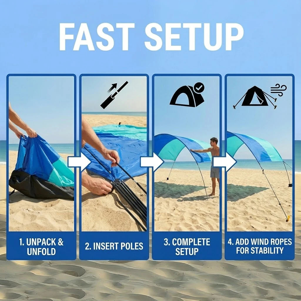 Wind-Resistant Beach Shade Tent 150 sq ft oversized canopy with sand anchors 4 lb ultralightweight UPF 50+ sun protection tent Trekker Essentials