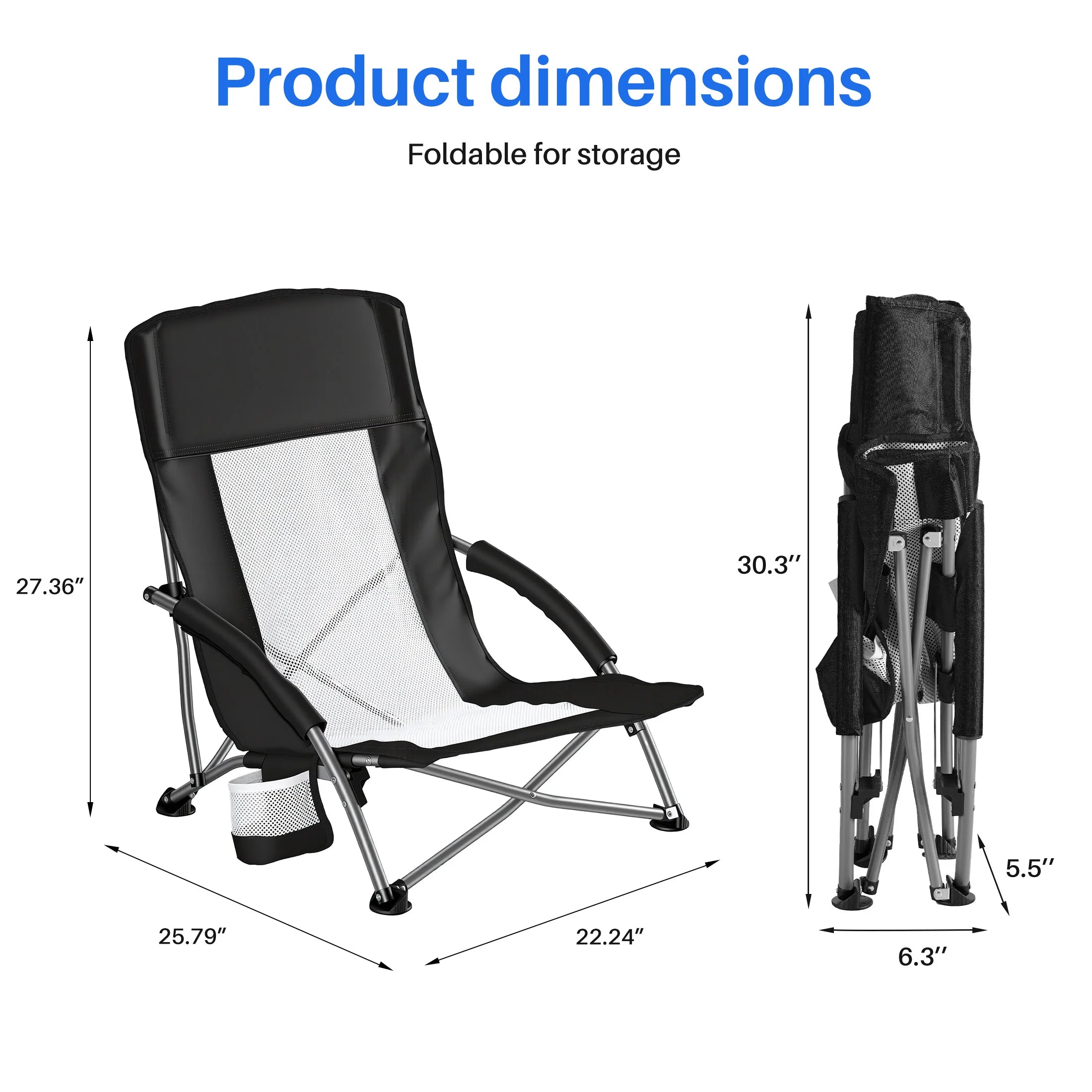 JHK Portable Lightweight Low Camping Beach Chair Mesh Back Padded Armrests Folding Beach Chair with Cup Holder Storage Pocket for Camp Picnic Lawn Trekker Essentials