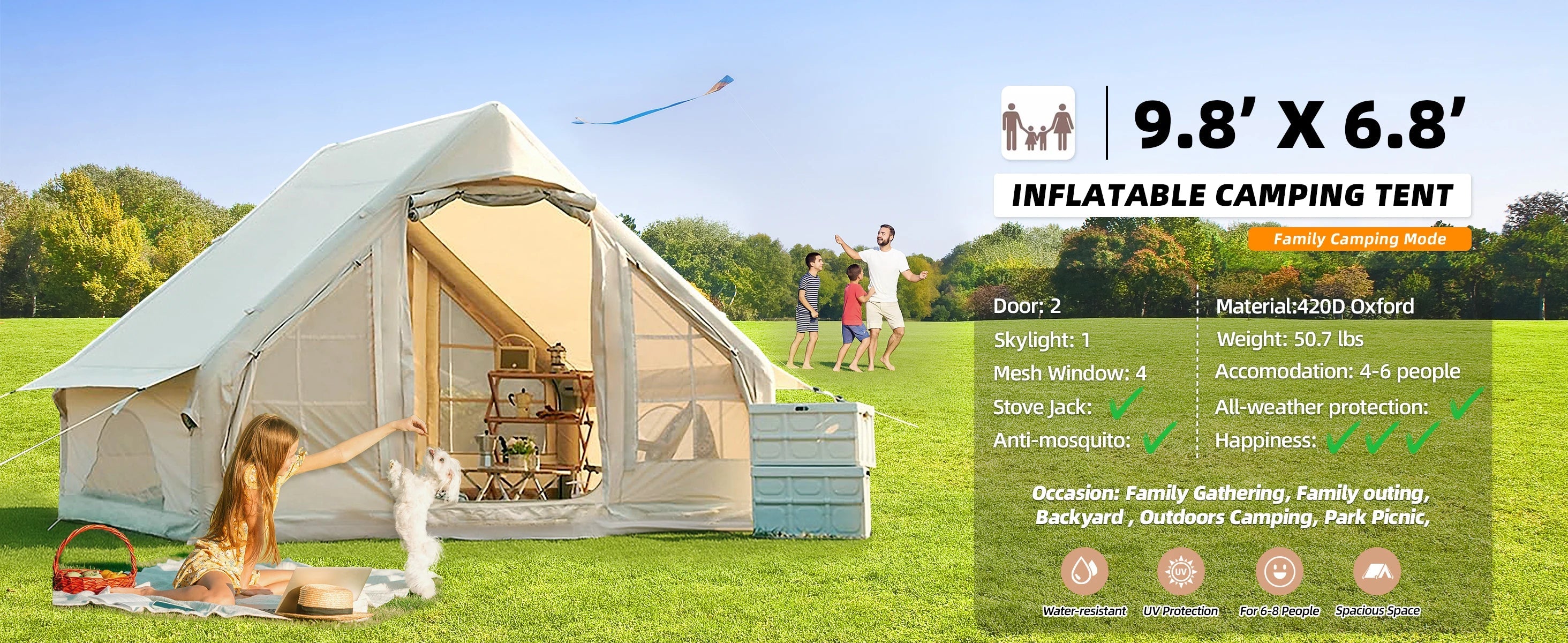 Portable Inflatable Camping Tent 2/4/6/8 Person for Family 420D Oxford Inflatable Tent House with Skylight 4 Seson Blow up Tent with Stove Jack AC Vent Mesh Window Trekker Essentials