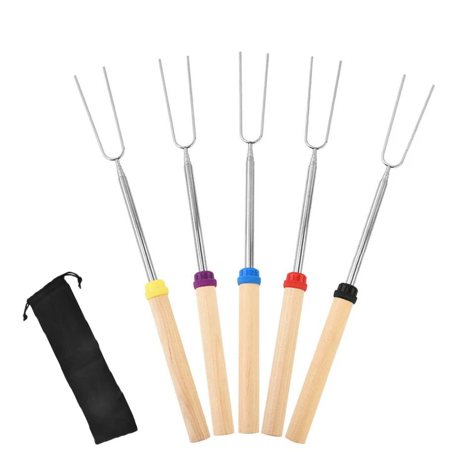 Telescopic Marshmallow Roasting Sticks, Extendable Stainless Steel BBQ Forks with Wooden Handles for Outdoor Camp Campfire Trekker Essentials