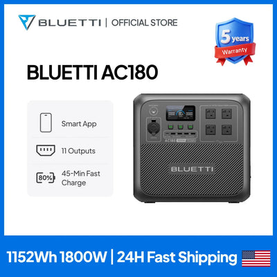【Brand New】BLUETTI AC180 1152Wh 1800W Portable Power Station 2700W Surge LiFePO4 Pure Sine Wave 45 Mins Fast Charging Four Ways Recharge APP Control Energy Storage for Camping RV Van Life Home Emergency Blackout Off Grid Trekker Essentials