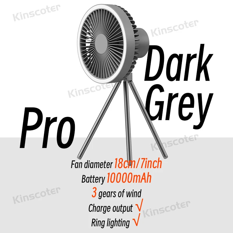 10000mAh Camping Fan Rechargeable Desktop Portable Air Circulator Wireless Ceiling Electric Fan with Power Bank LED Light Tripod Trekker Essentials